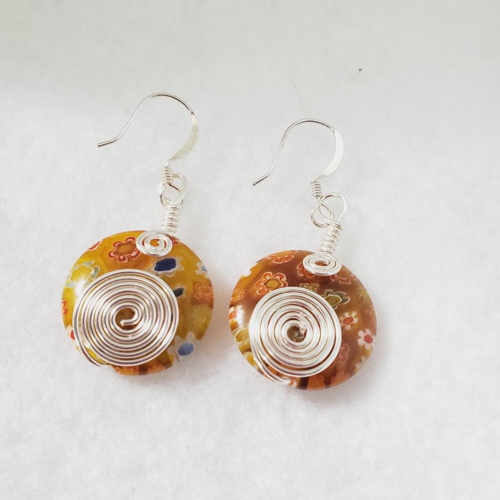 Orange Wire Swirl Millefiori Earrings